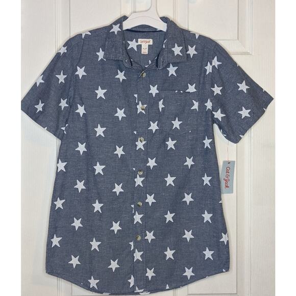 Cat & Jack Boys Cruise Blue White Stars Button Up Dress Shirt XL 16 - Picture 2 of 12